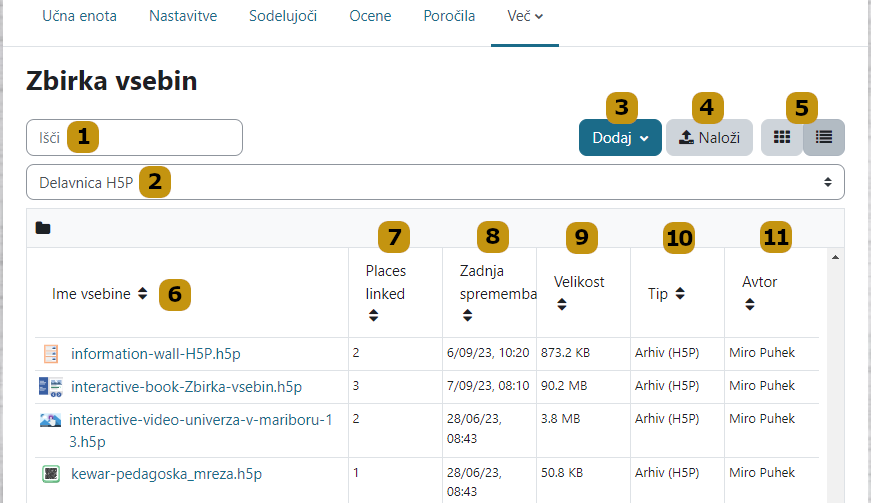 Zaslon Zbirke vsebin H5P