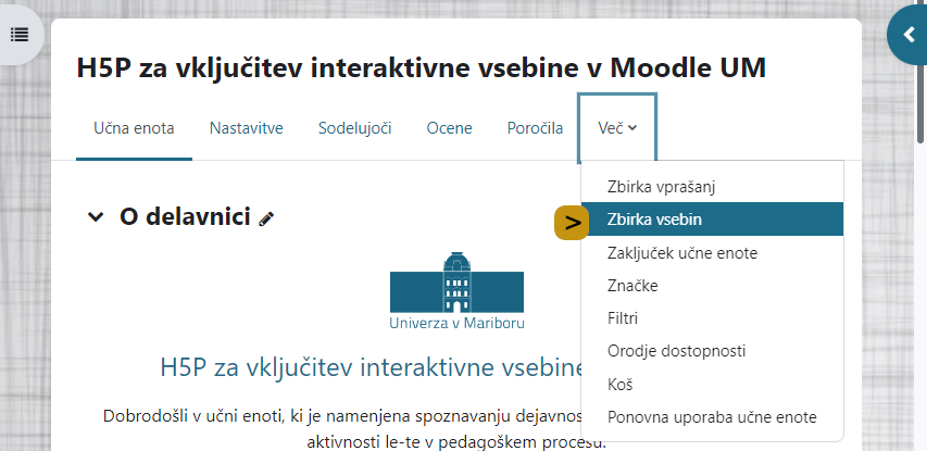 Zbirka vsebin v meniju