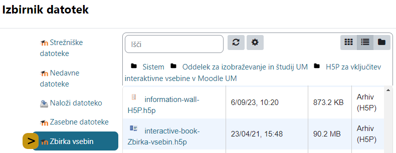 Zbirka vsebin v Izbirniku datotek