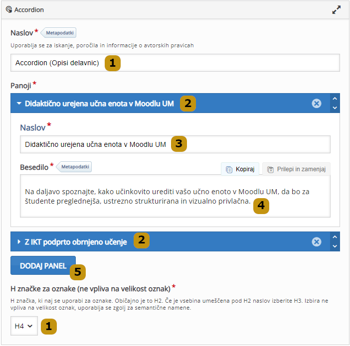 Možnosti nastavitev v aktivnosti Accordion (slov. Harmonika)