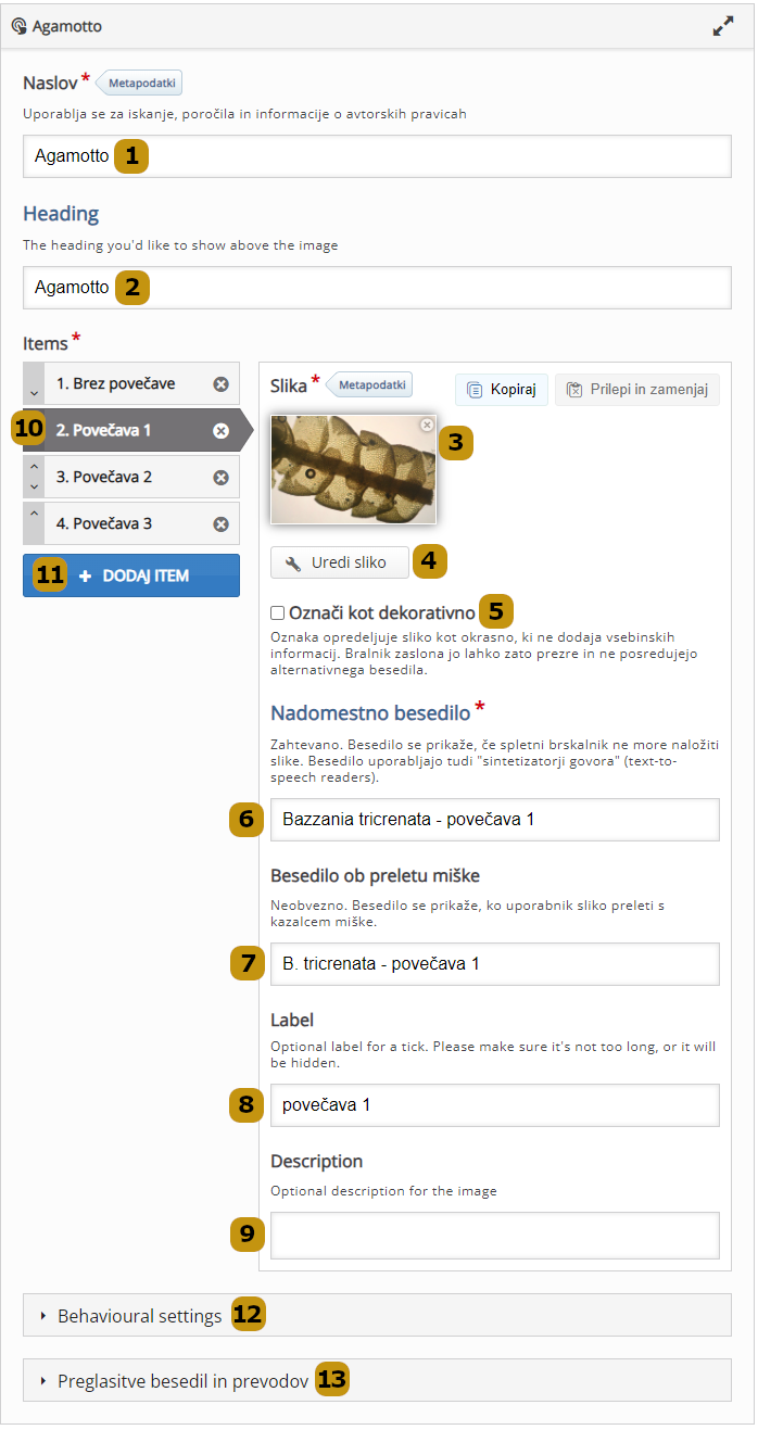 Možnosti nastavitev v aktivnosti Agamotto (slov. Združitev slik)