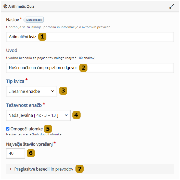 Možnosti nastavitev v aktivnosti Arithmetic Quiz (slov. Aritmetični kviz)