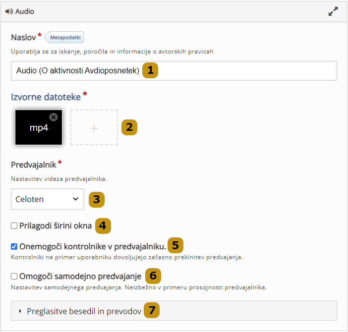 Možnosti nastavitev v aktivnosti Audio (slov. Avdioposnetek)
