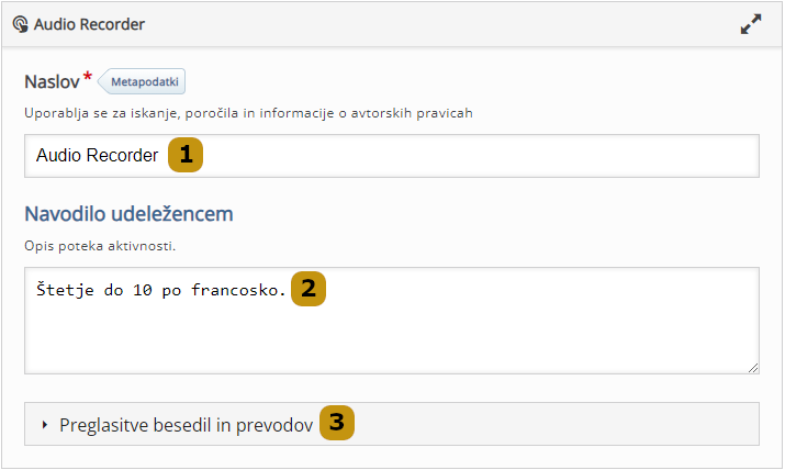 Možnosti nastavitev v aktivnosti Audio Recorder (slov. Snemalnik zvoka)