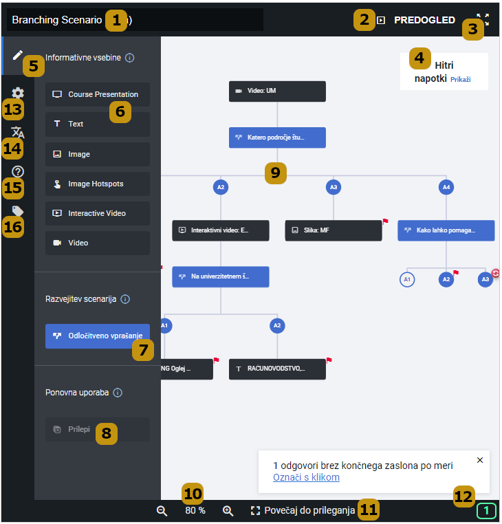 Možnosti nastavitev v aktivnosti Branching Scenario (slov. Scenarij poteka)