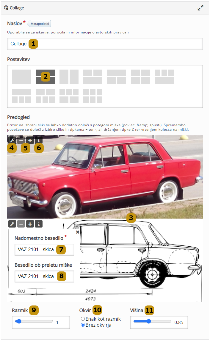 Možnosti nastavitev v aktivnosti Collage (slov. Kolaž)