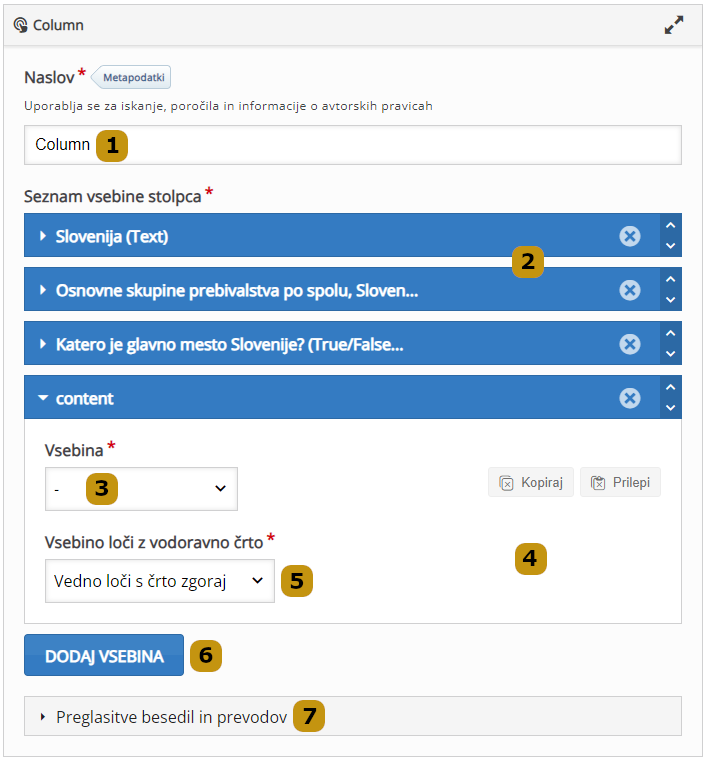 Možnosti nastavitev v aktivnosti Column (slov. Stolpec)