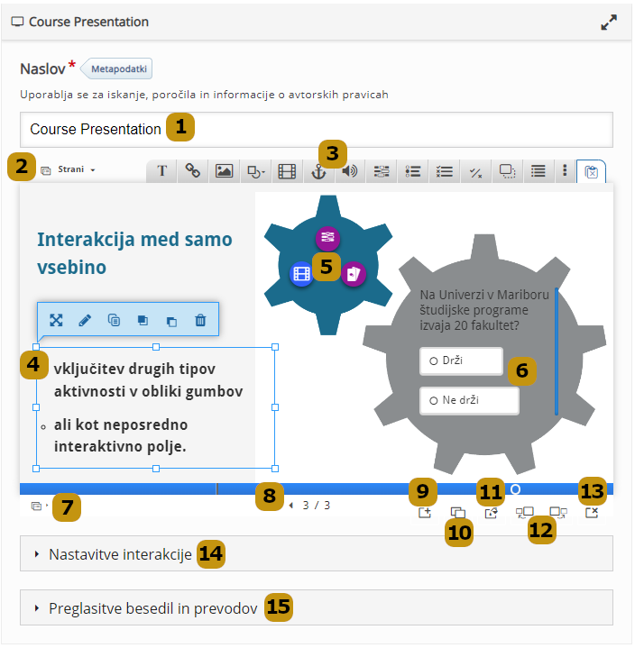 Možnosti nastavitev v aktivnosti Course Presentation (slov. Interaktivne prosojnice)