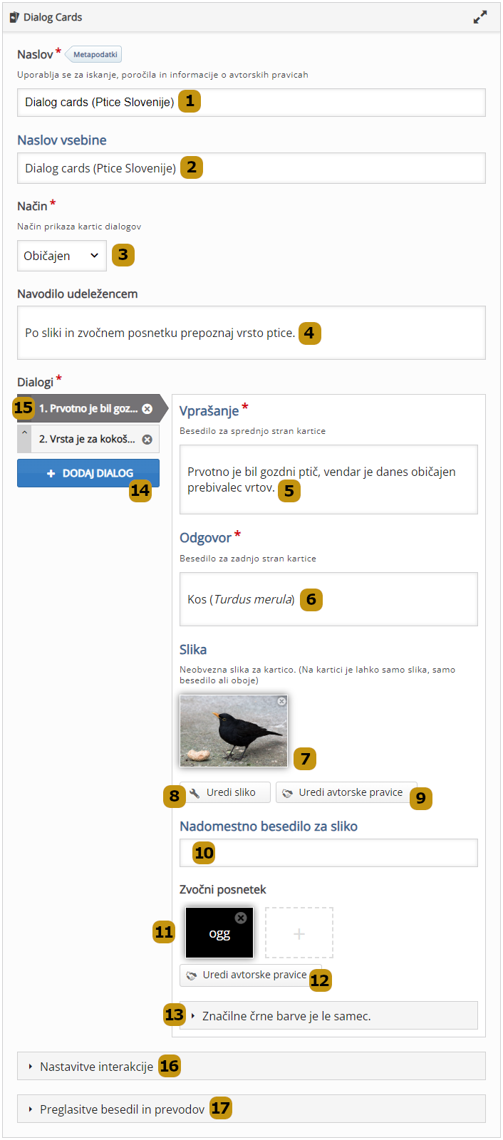 Možnosti nastavitev v aktivnosti Dialog Cards (slov. Kartice dialogov)