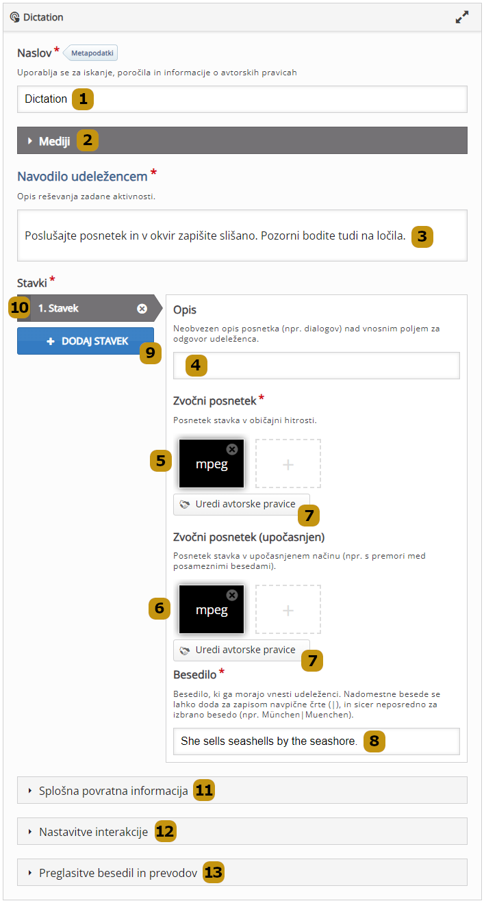 Možnosti nastavitev v aktivnosti Dictation (slov. Narek)
