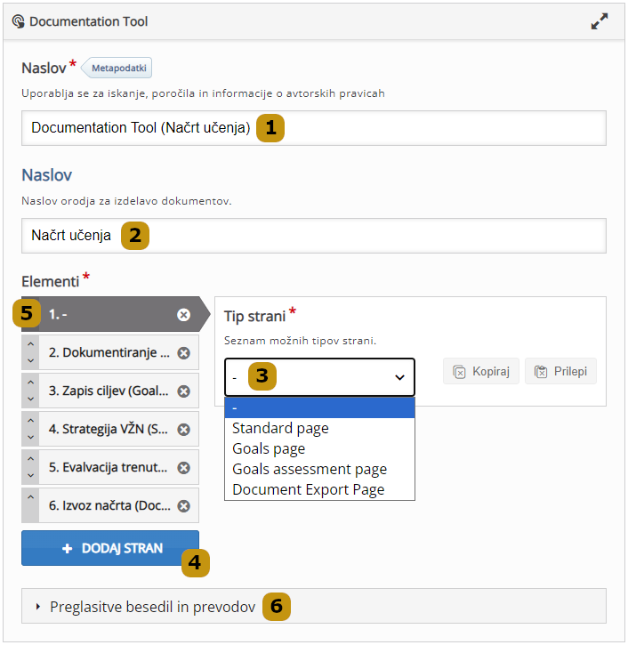 Možnosti nastavitev v aktivnosti Documentation Tool (slov. Dokumentarna)