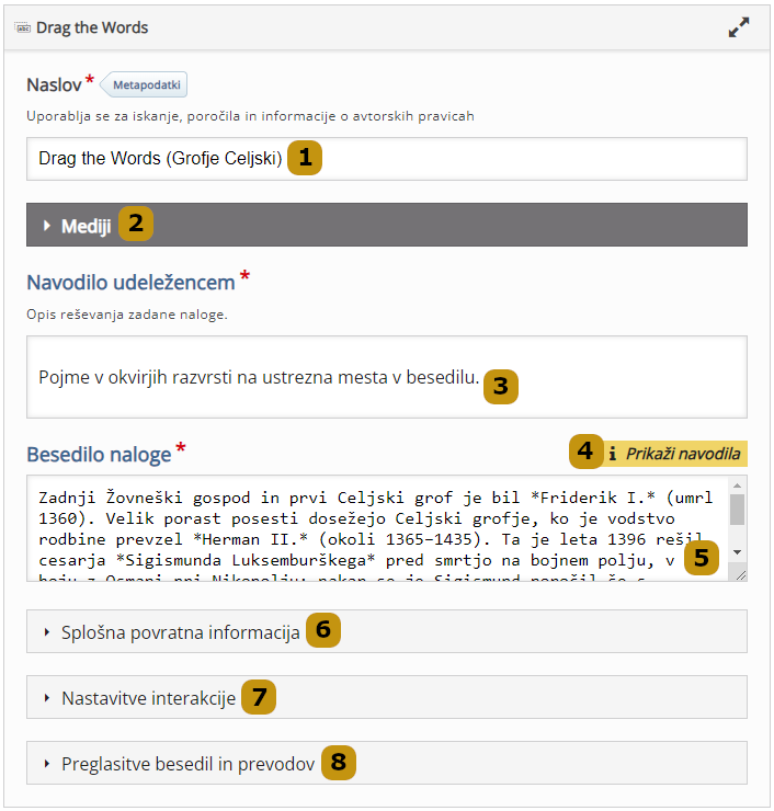 Možnosti nastavitev v aktivnosti Drag Text (slov. Povleci besede)