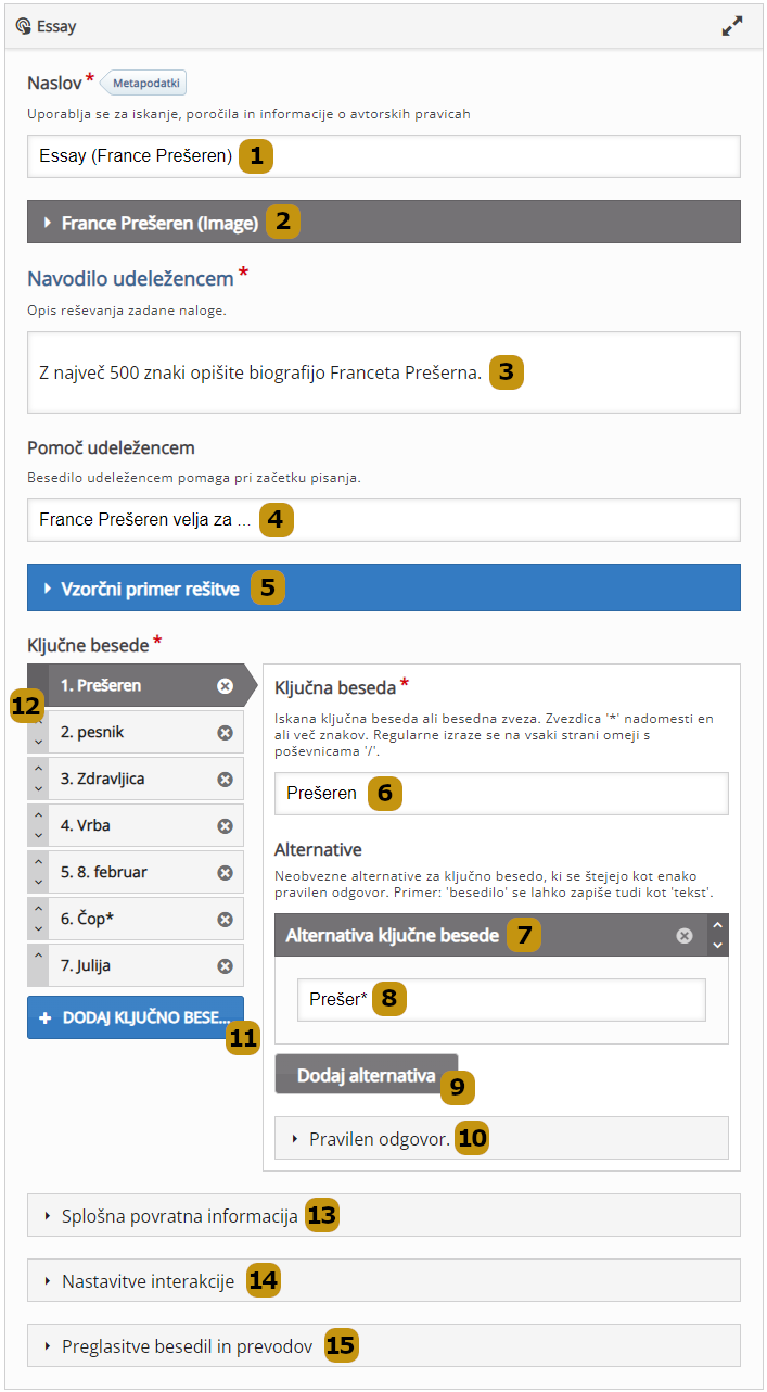 Možnosti nastavitev v aktivnosti Essay (slov. Esej)