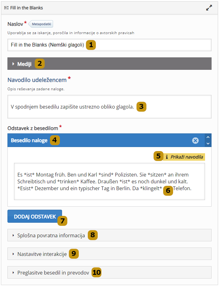 Možnosti nastavitev v aktivnosti Fill in the Blanks (slov. Vstavi manjkajoče besede)