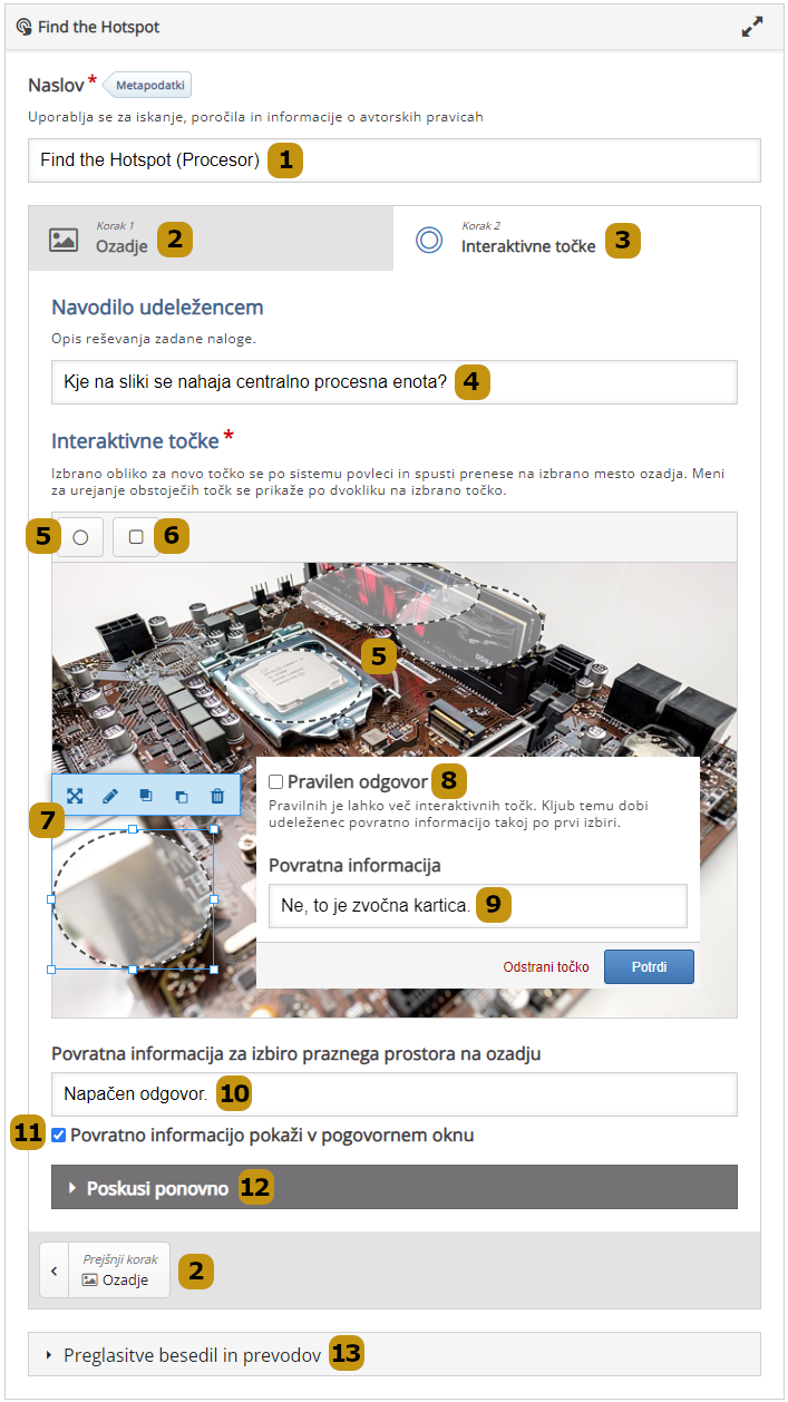 Možnosti nastavitev v aktivnosti Find the Hotspot
(slov. Najdi interaktivno točko) – 2. korak: dodajanje interaktivnih točk