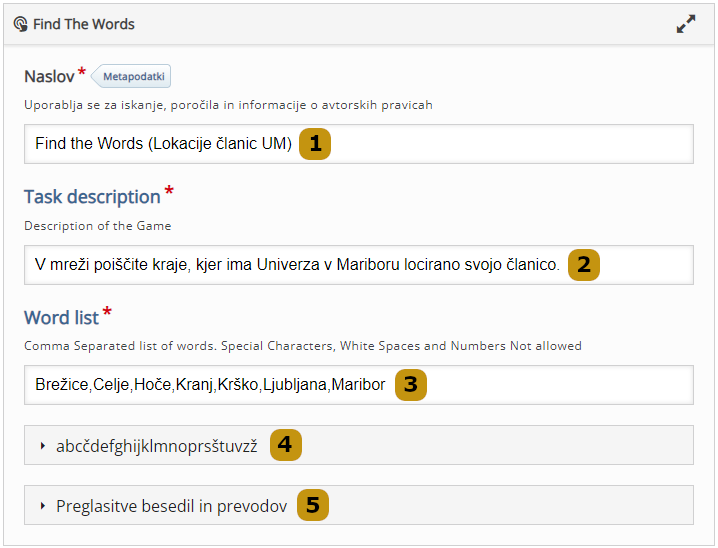 Možnosti nastavitev v aktivnosti Find the Words (slov. Iskanje besed)