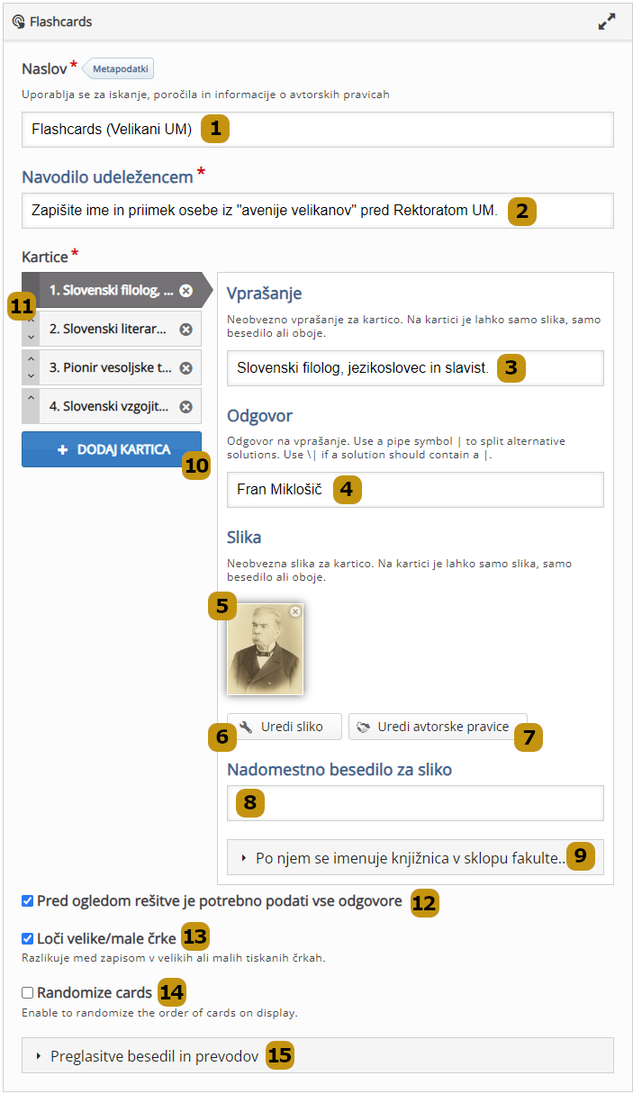 Možnosti nastavitev v aktivnosti Flashcards (slov. Kartice z vprašanji)