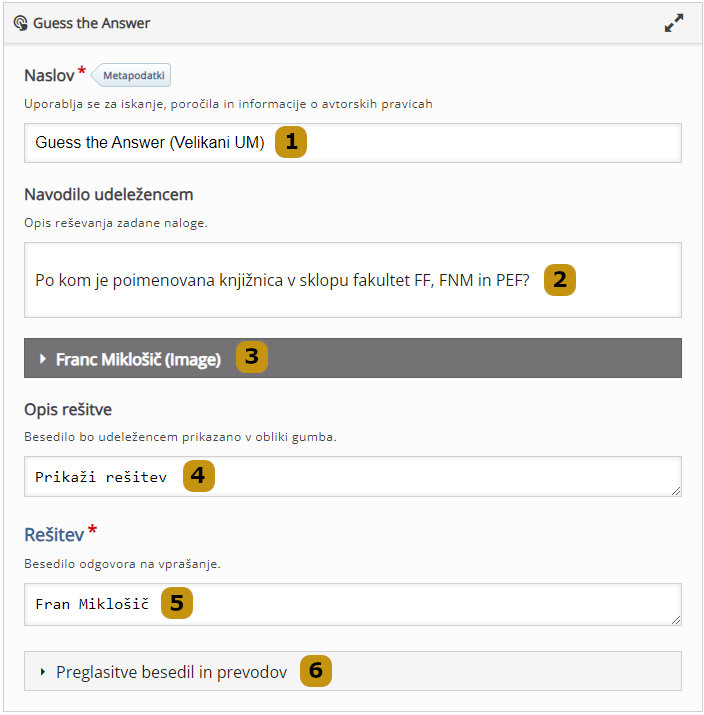 Možnosti nastavitev v aktivnosti Guess the Answer (slov. Ugani odgovor)