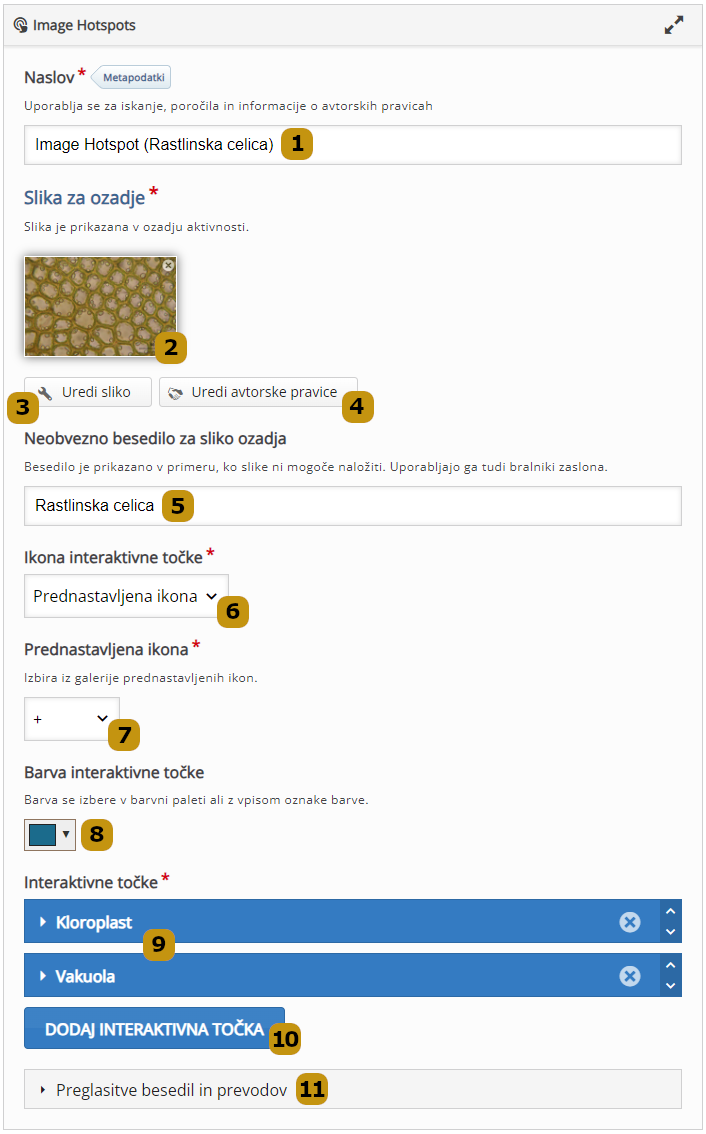Možnosti nastavitev v aktivnosti Image Hotspots (slov. Interaktivne točke na sliki)