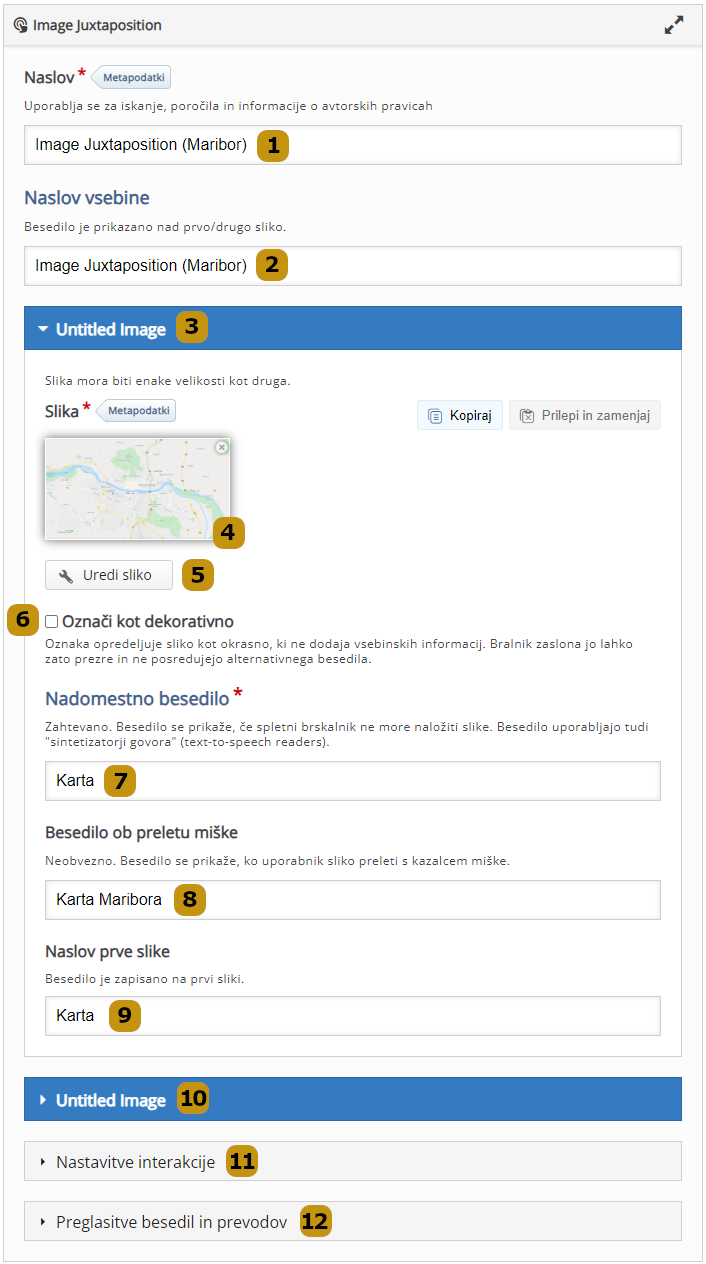 Možnosti nastavitev v aktivnosti Image Juxtaposition (slov. Primerjalnik slik)