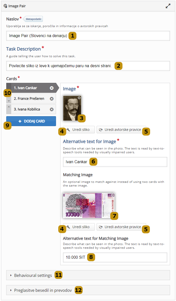 Možnosti nastavitev v aktivnosti Image Pair (slov. Povezovanje slik)