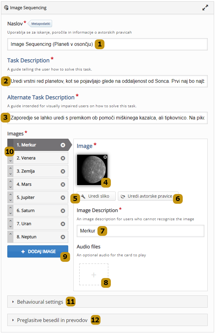 Možnosti nastavitev v aktivnosti Image Sequencing (slov. Zaporedje slik)