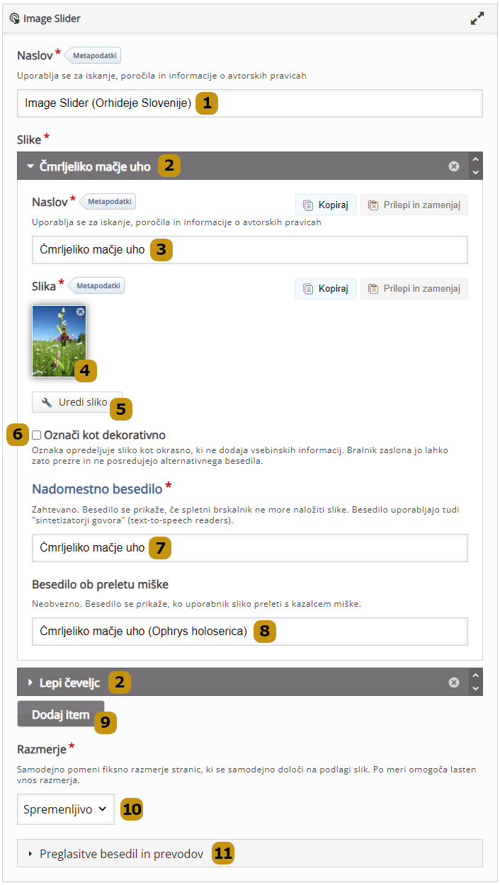 Možnosti nastavitev v aktivnosti Image Slider (slov. Slikovni drsnik)