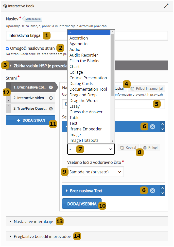 Možnosti nastavitev v aktivnosti Interactive Book (slov. Interaktivna knjiga)