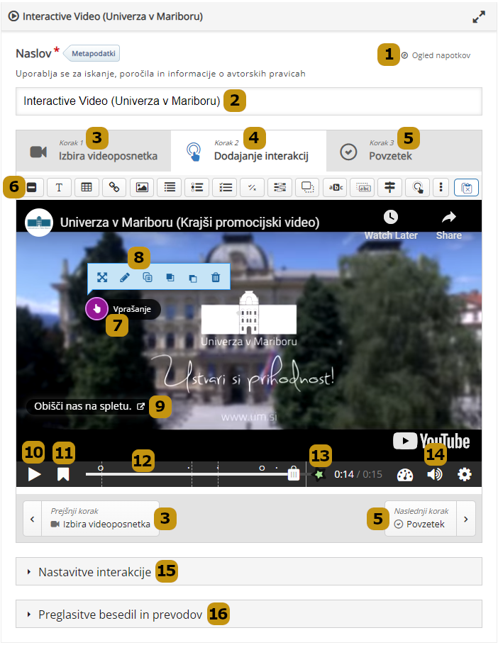 Možnosti nastavitev v aktivnosti Interactive Video (slov. Interaktivni videoposnetek)