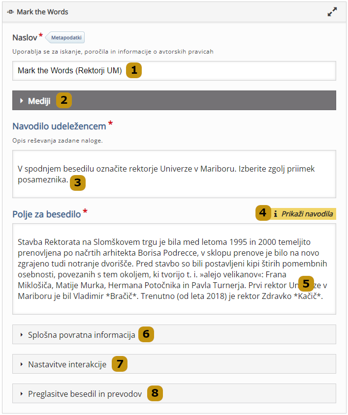 Možnosti nastavitev v aktivnosti Mark the Words (slov. Označi besede)