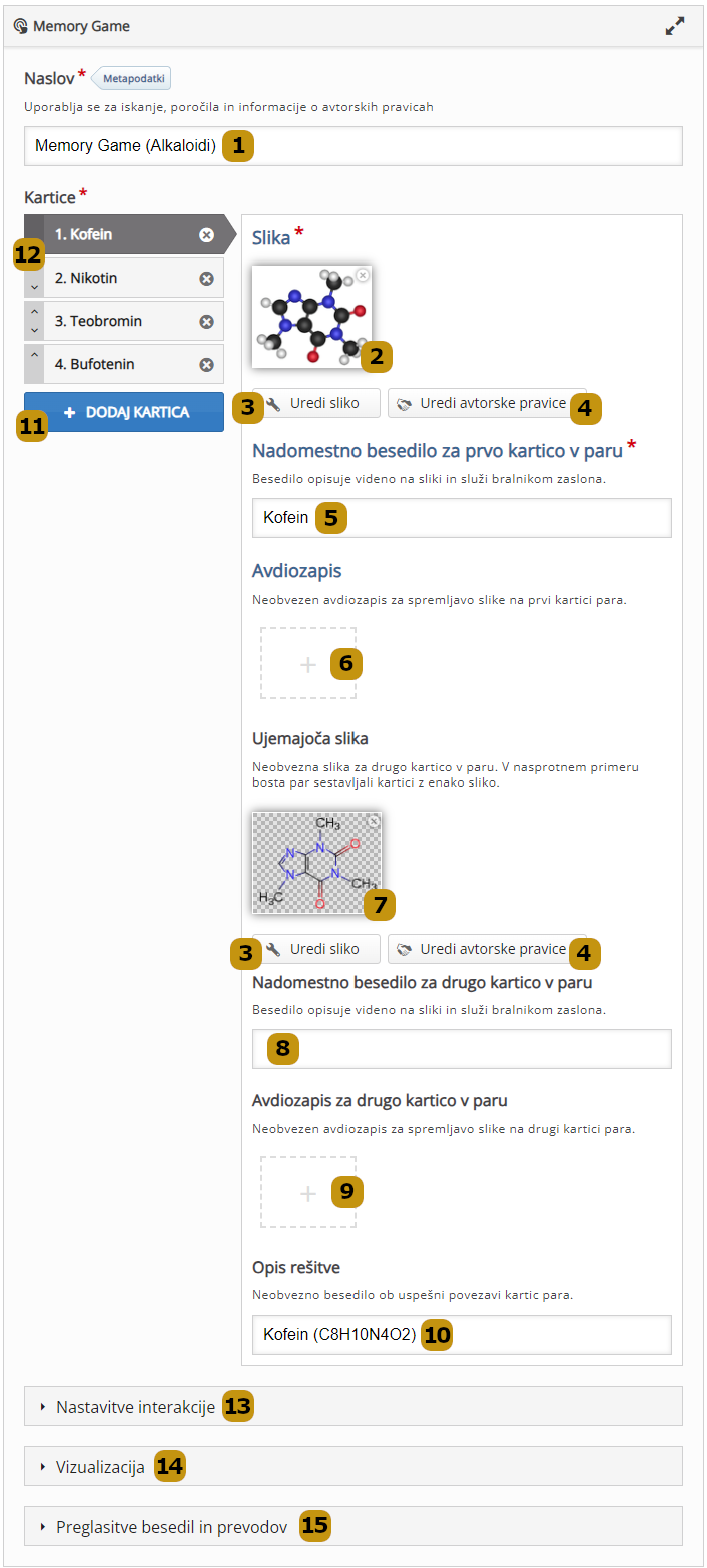 Možnosti nastavitev v aktivnosti Memory Game (slov. Spomin)