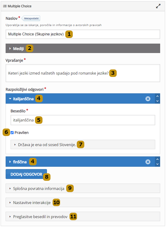 Možnosti nastavitev v aktivnosti Multiple Choice (slov. Več izbir)