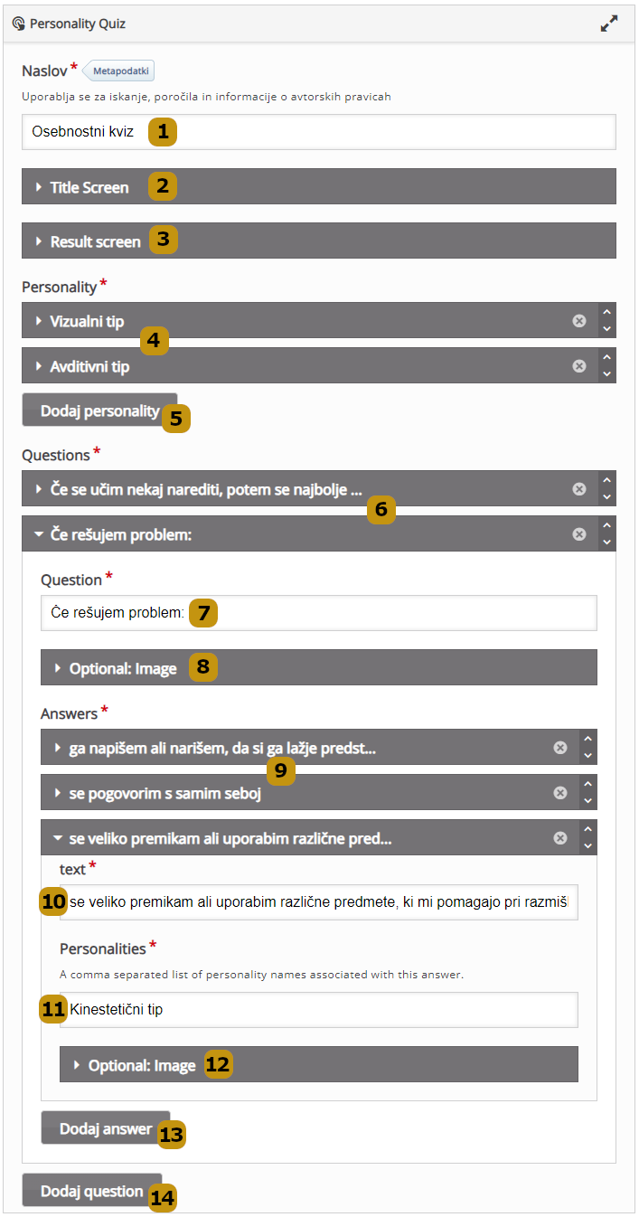 Možnosti nastavitev v aktivnosti Personality Quiz (slov. Osebnostni kviz)