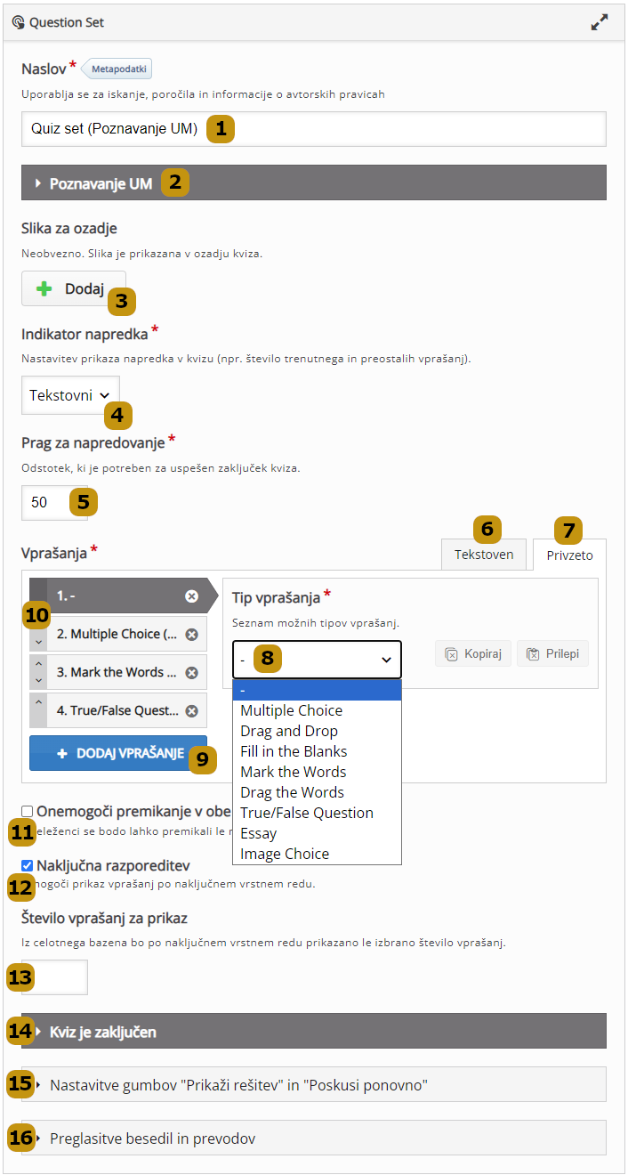Možnosti nastavitev v aktivnosti Question Set (slov. Kviz)