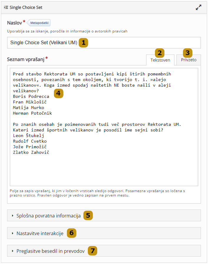Možnosti nastavitev v aktivnosti Single Choice Set (slov. Izbira pravilnega odgovora)