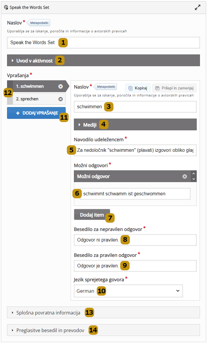 Možnosti nastavitev v aktivnosti Speak the Words Set (slov. Izgovorjava besedila)