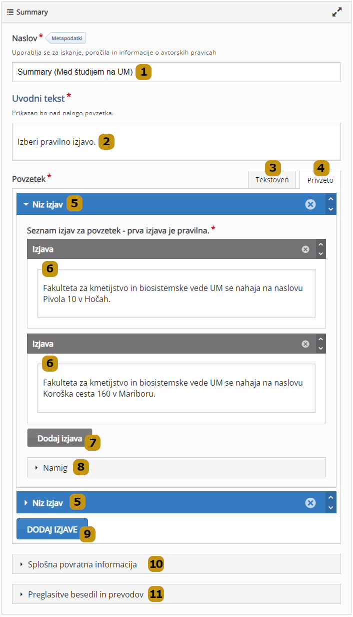 Možnosti nastavitev v aktivnosti Summary (slov. Povzetek)