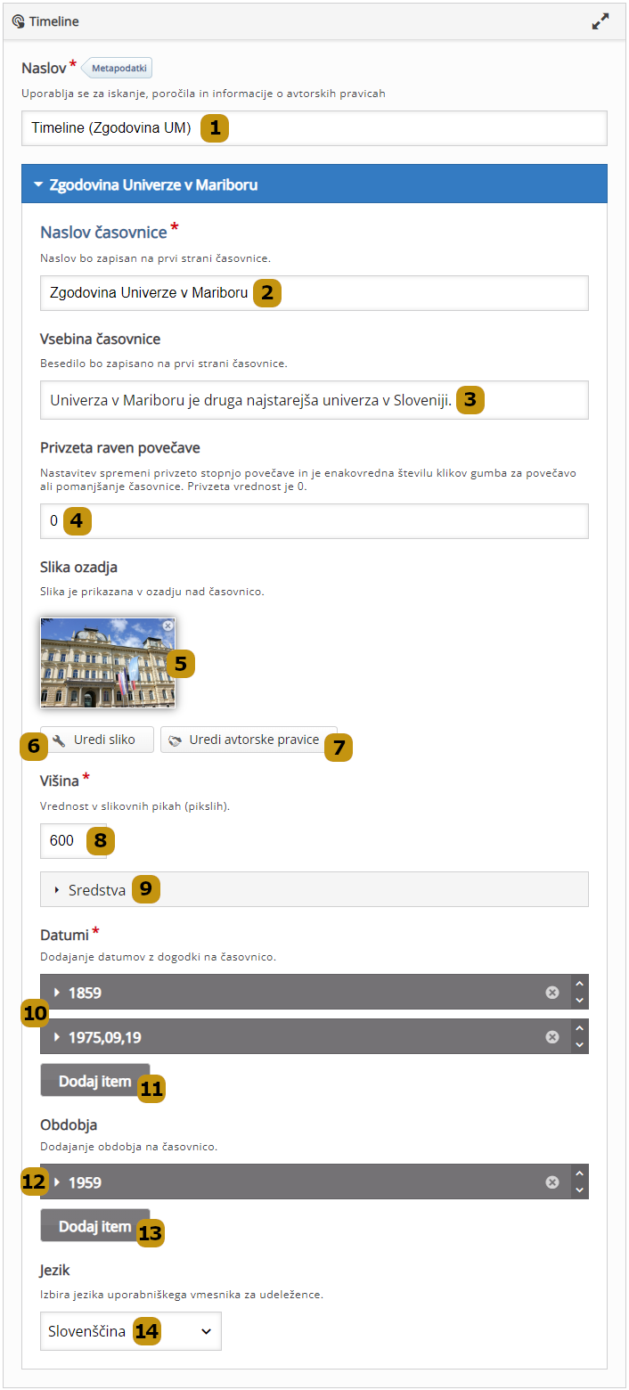 Možnosti nastavitev v aktivnosti Timeline (slov. Časovnica)