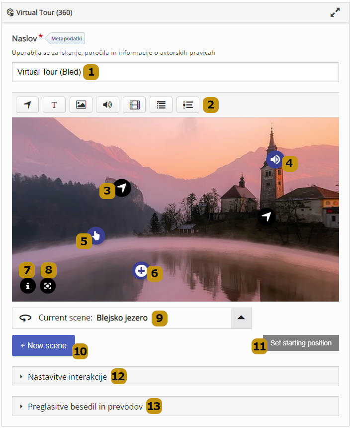 Možnosti nastavitev v aktivnosti Virtual Tour (slov. Virtualen ogled)