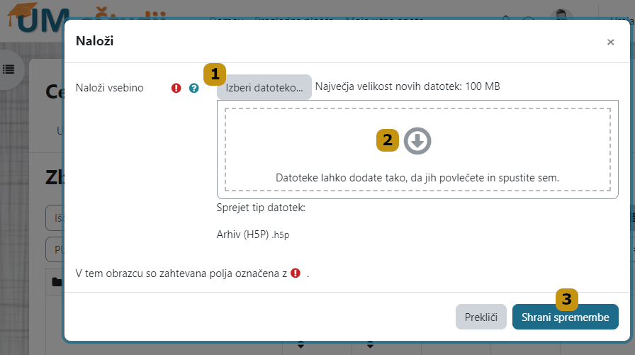 Uvoz aktivnosti iz datoteke v formatu ».h5p«