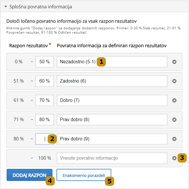 Spustni meni za določitev splošne povratne informacije