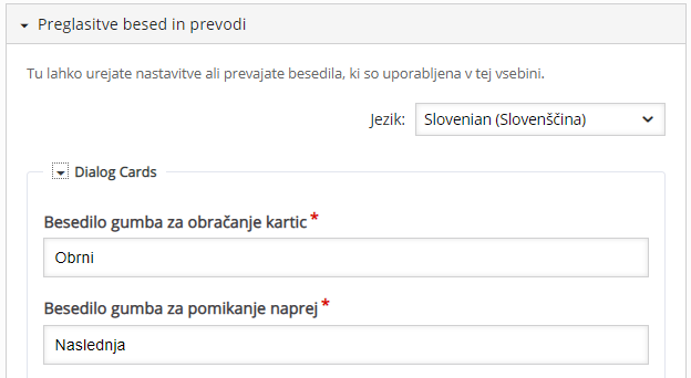 Spustni seznam z vnosnimi polji za preglasitev besed in prevode
