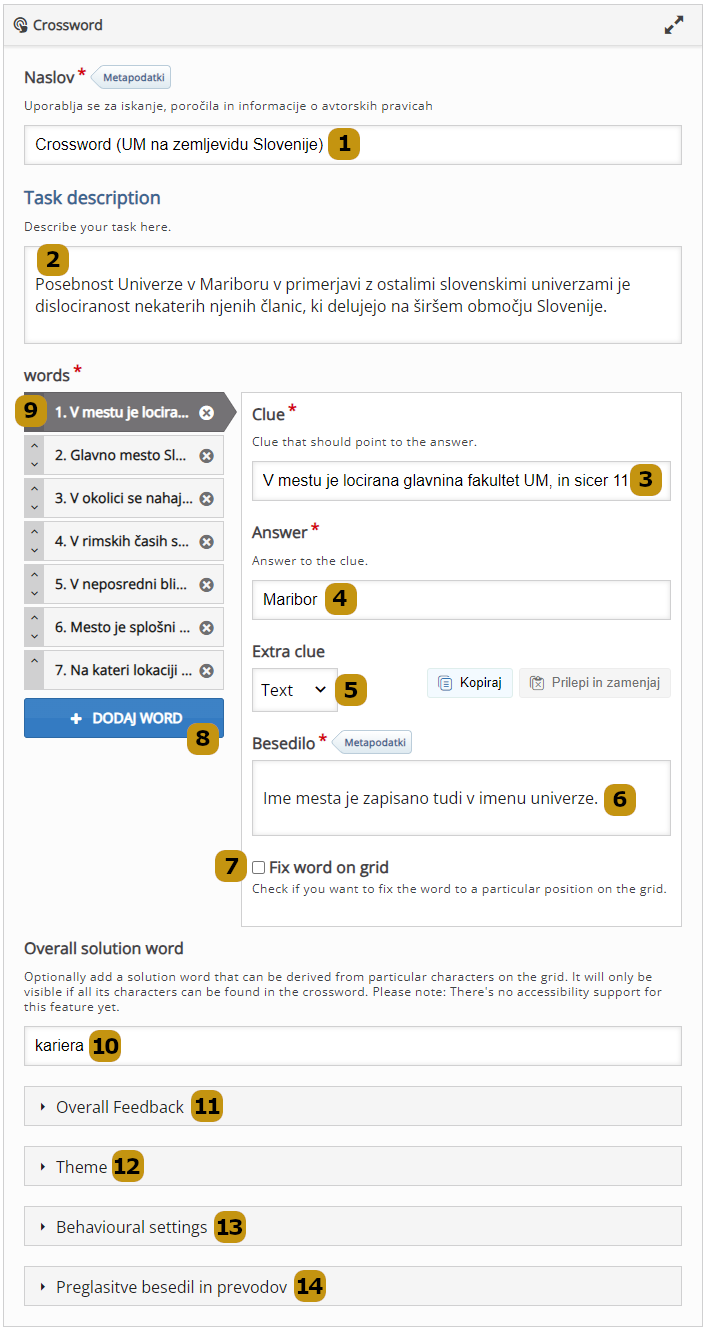 Možnosti nastavitev v aktivnosti Crossword (slo. Križanka)