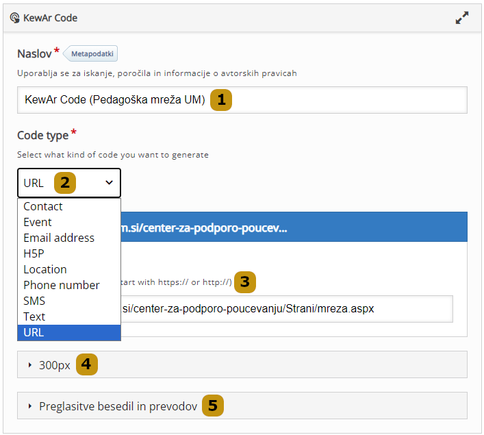 Možnosti nastavitev v aktivnosti KewAr Code (slo. QR koda)