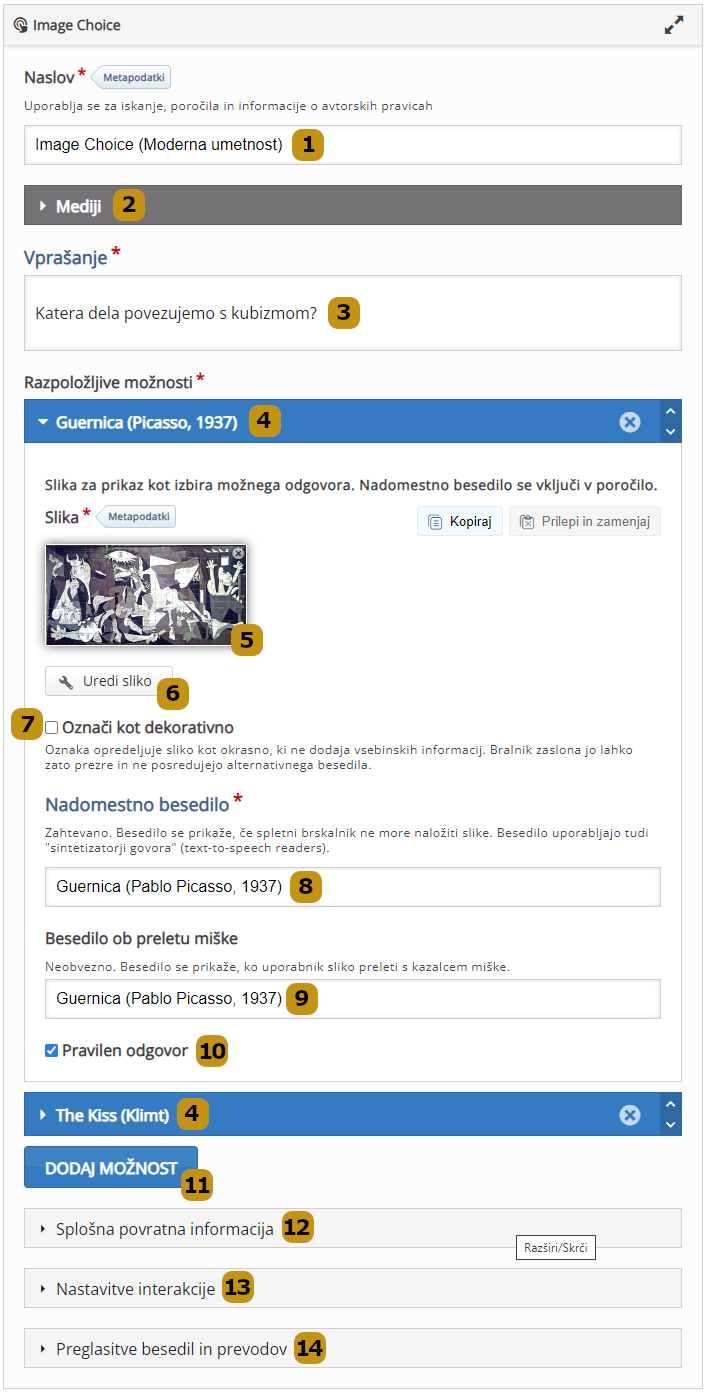 Možnosti nastavitev v aktivnosti Image Choice (slo. Izbira slike)