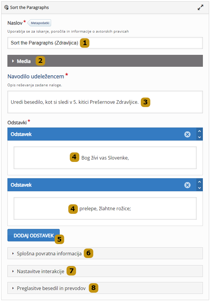 Možnosti nastavitev v aktivnosti Sort the Paragraphs (slo. Razvrščanje odstavkov)