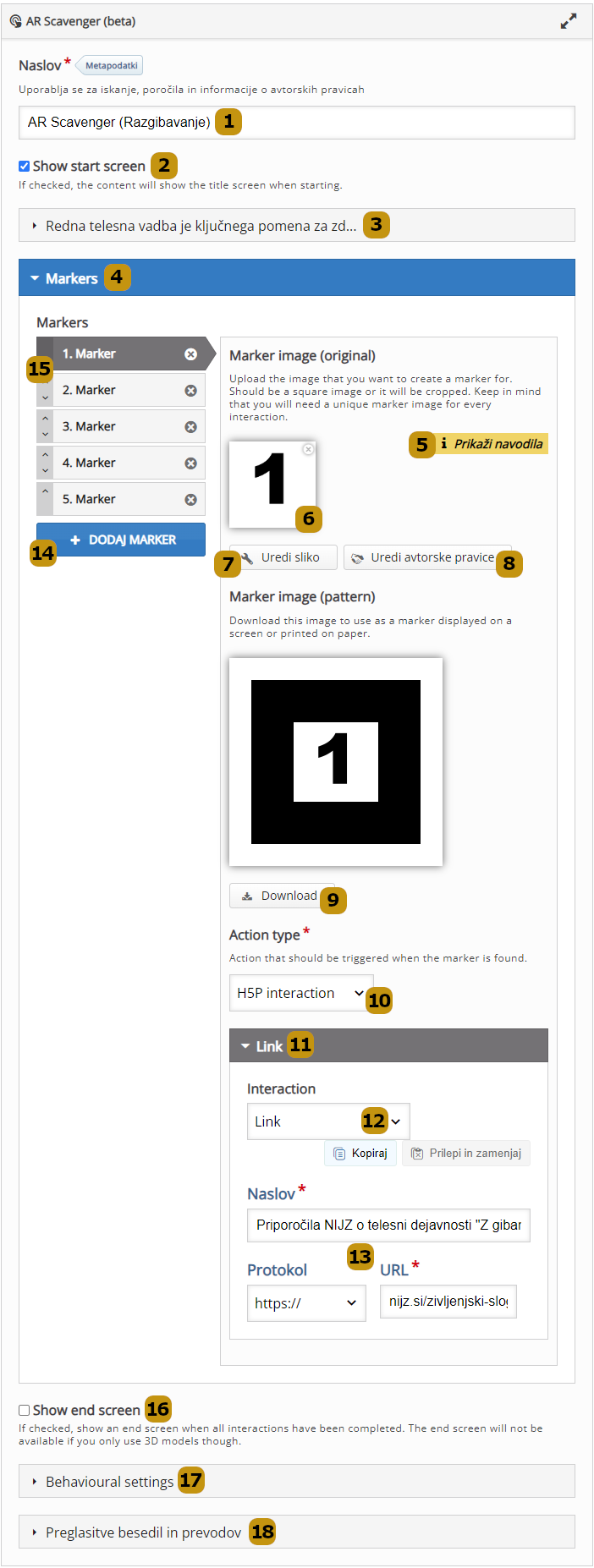 Možnosti nastavitev v aktivnosti AR Scavenger (slov. AR Zbiralec)
