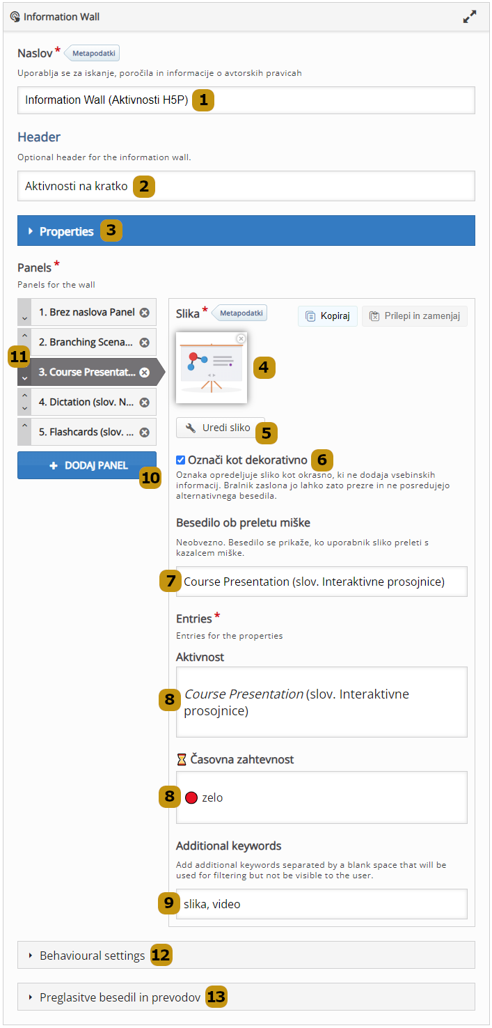 Možnosti nastavitev v aktivnosti Information Wall (slov. Informacijski zid)
