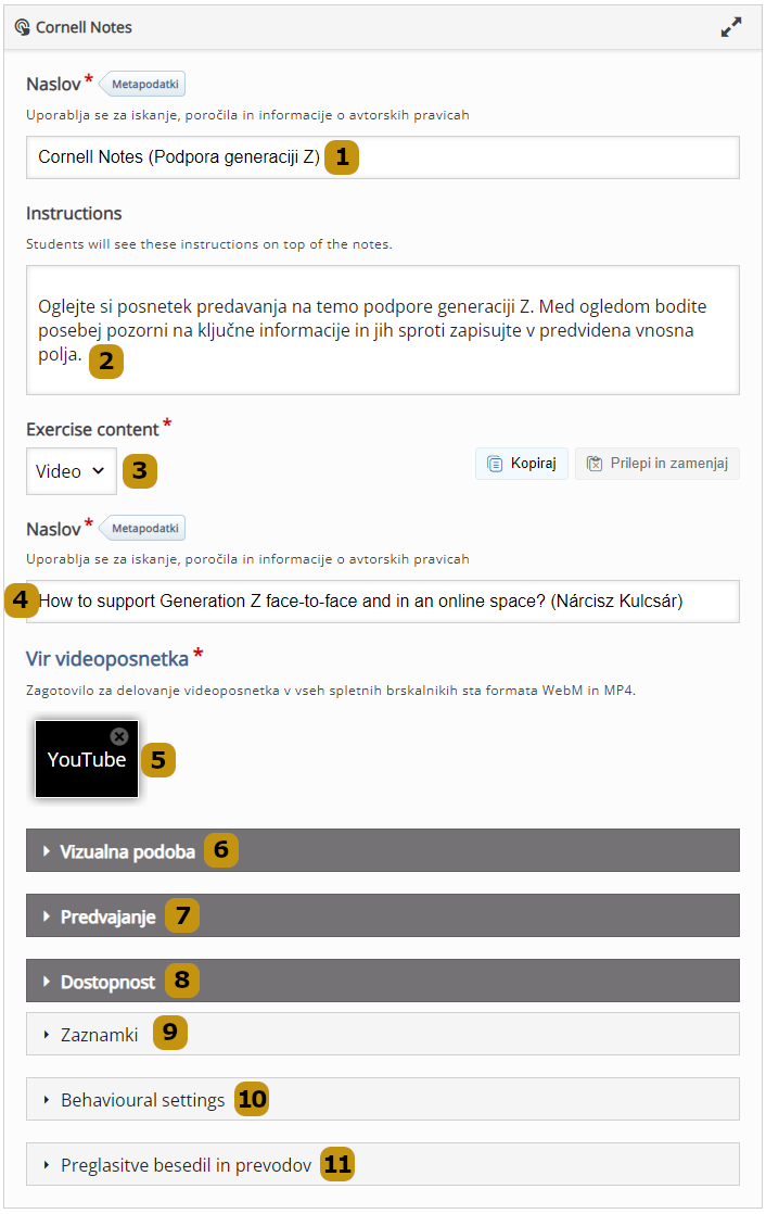Možnosti nastavitev v aktivnosti Cornell Notes (slov. Cornell zapiski)