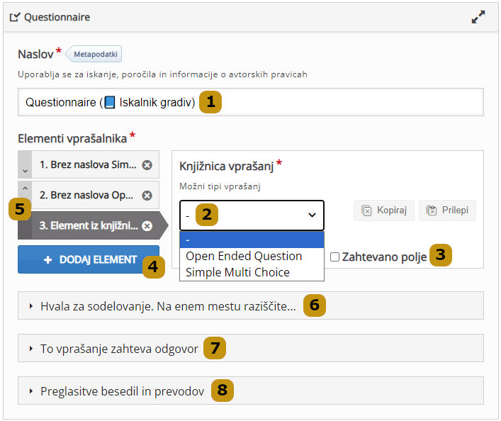 Možnosti nastavitev v aktivnosti Questionnaire (slov. Anketa)